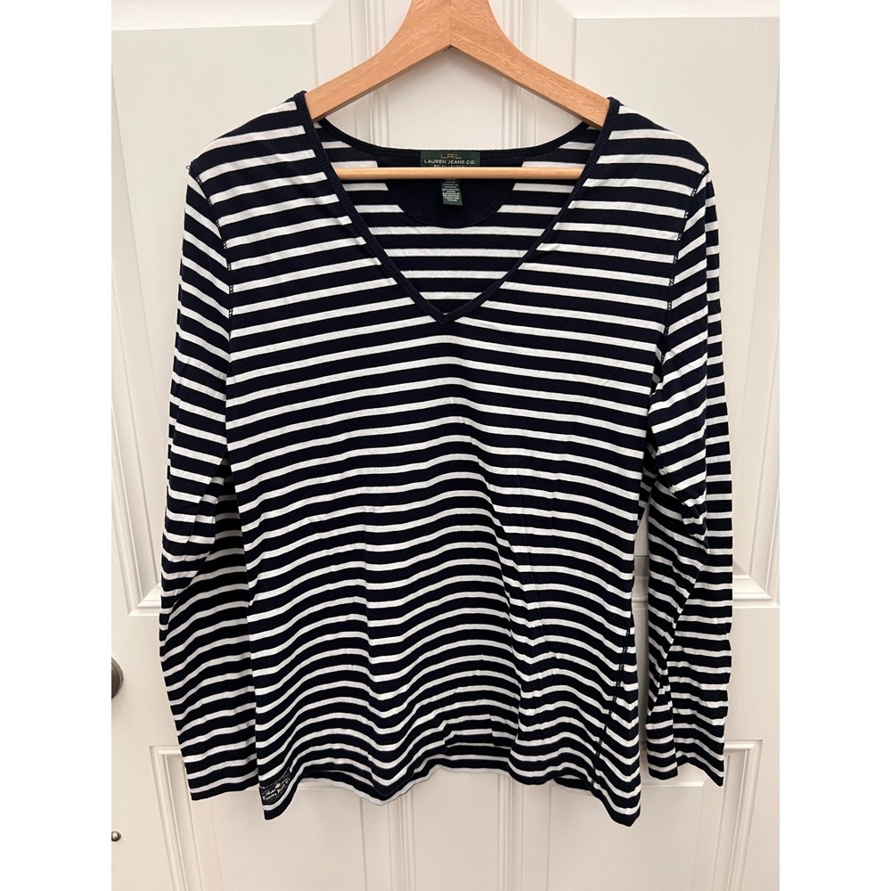 Lauren Ralph Lauren Navy White Striped V-Neck Long Sleeve Cotton Top Womens L